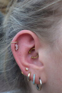 Healthy healed earlobe and cartilage piercings with high-quality titanium jewelry on a Colorado client